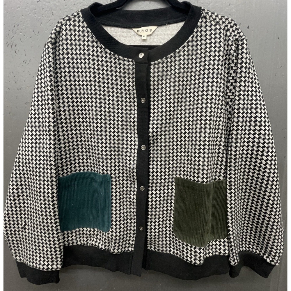 Buykud Sweater Set XL Black White Houndstooth Corduroy Patch Pockets Cardigan